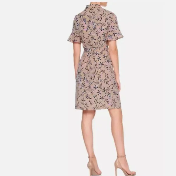 Banana Republic Tan Printed Ruffle Sleeve Shirt Dress Size 6 NWT - Picture 2 of 14